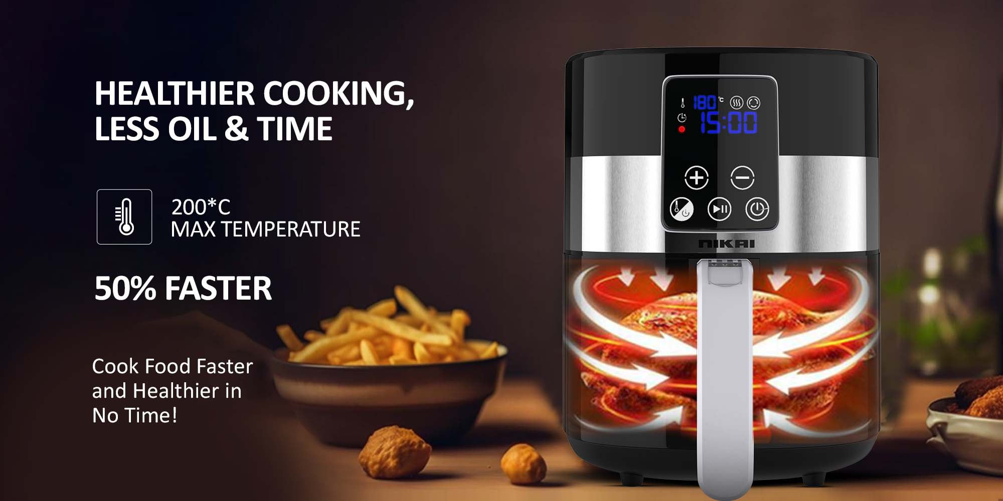 Air Fryer, Touch Panel, Led Display, Xl Size Non-Stick Basket, 1-60-Min Timer, Temp Control, Effortless Cleaning, No-Oil Healthy Frying Grilling Roasting And Baking 4.2 L 1520 W NAF388D3 Black