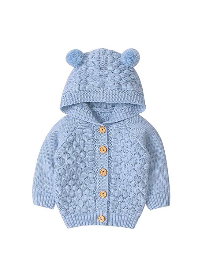 Infants Baby Blue Knitted Cardigan Sweater with Pom Pom Hoodie-12-18M