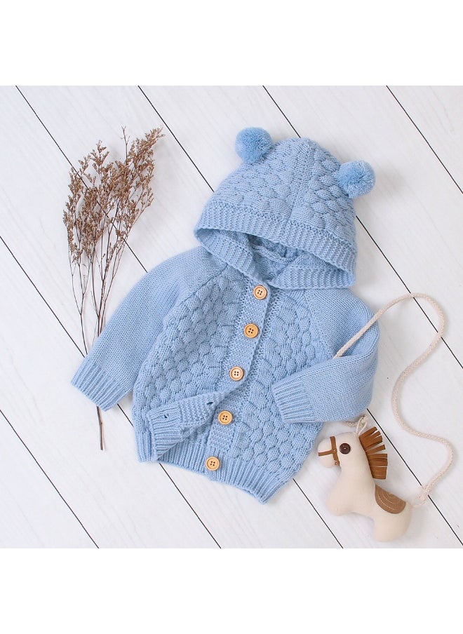 Infants Baby Blue Knitted Cardigan Sweater with Pom Pom Hoodie-12-18M