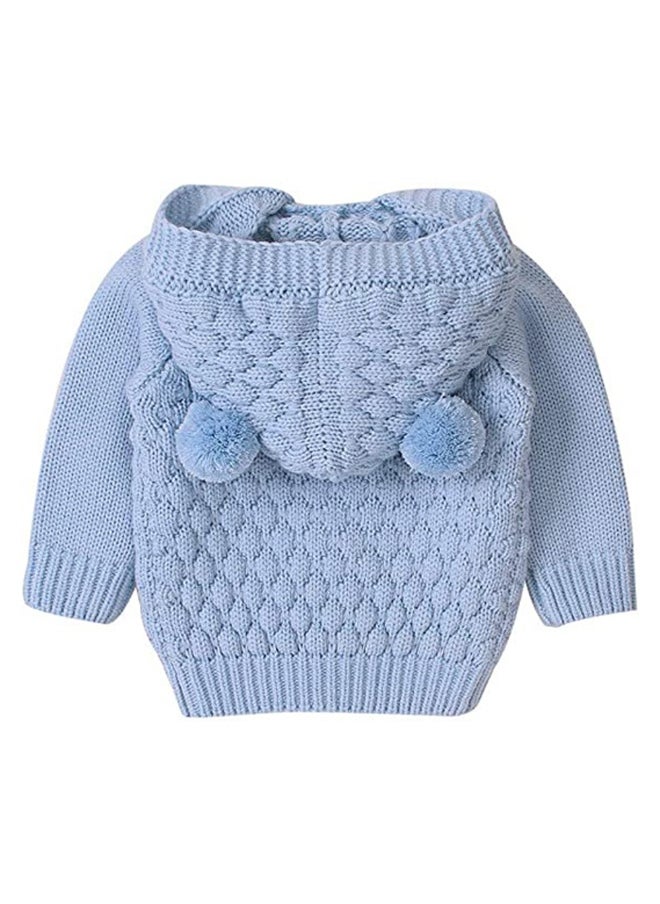 Infants Baby Blue Knitted Cardigan Sweater with Pom Pom Hoodie-12-18M