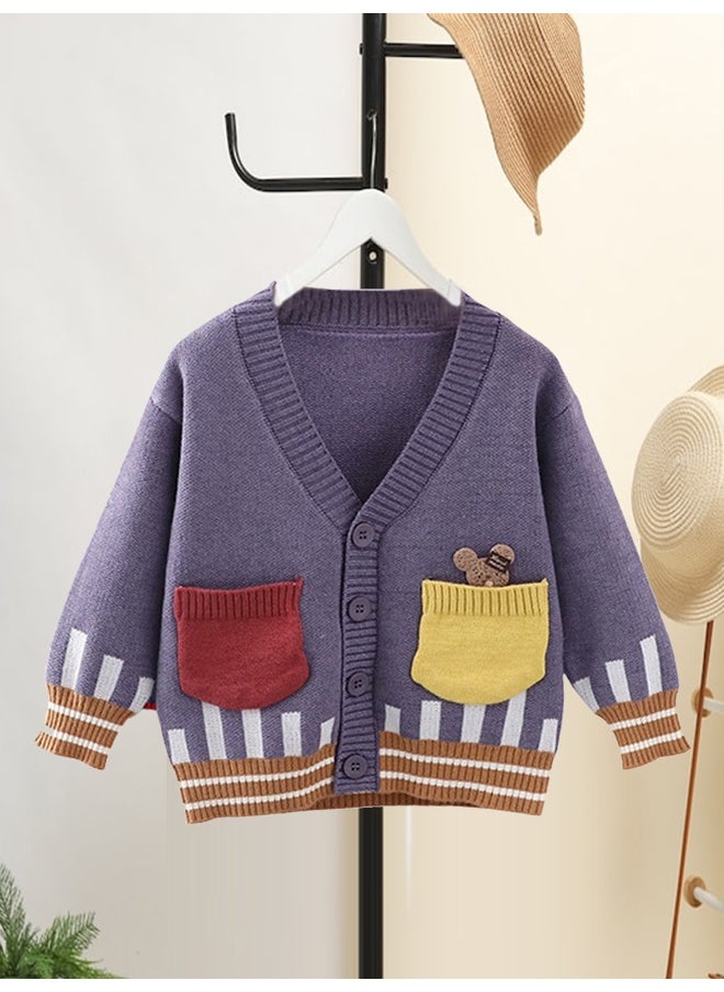 Kids Muave Cardigan Sweater V neck with front pockets