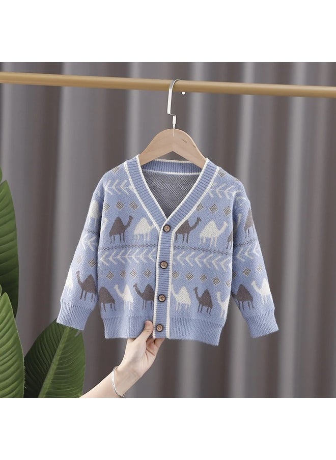 Kids Light Blue Camel Troop, Cardigan V neck Sweater