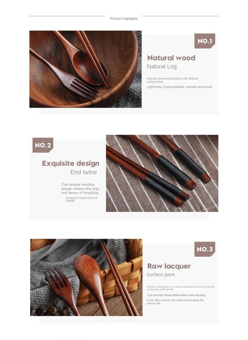 15-Piece Long Handled Solid Wood Adult Portable Tableware Set
