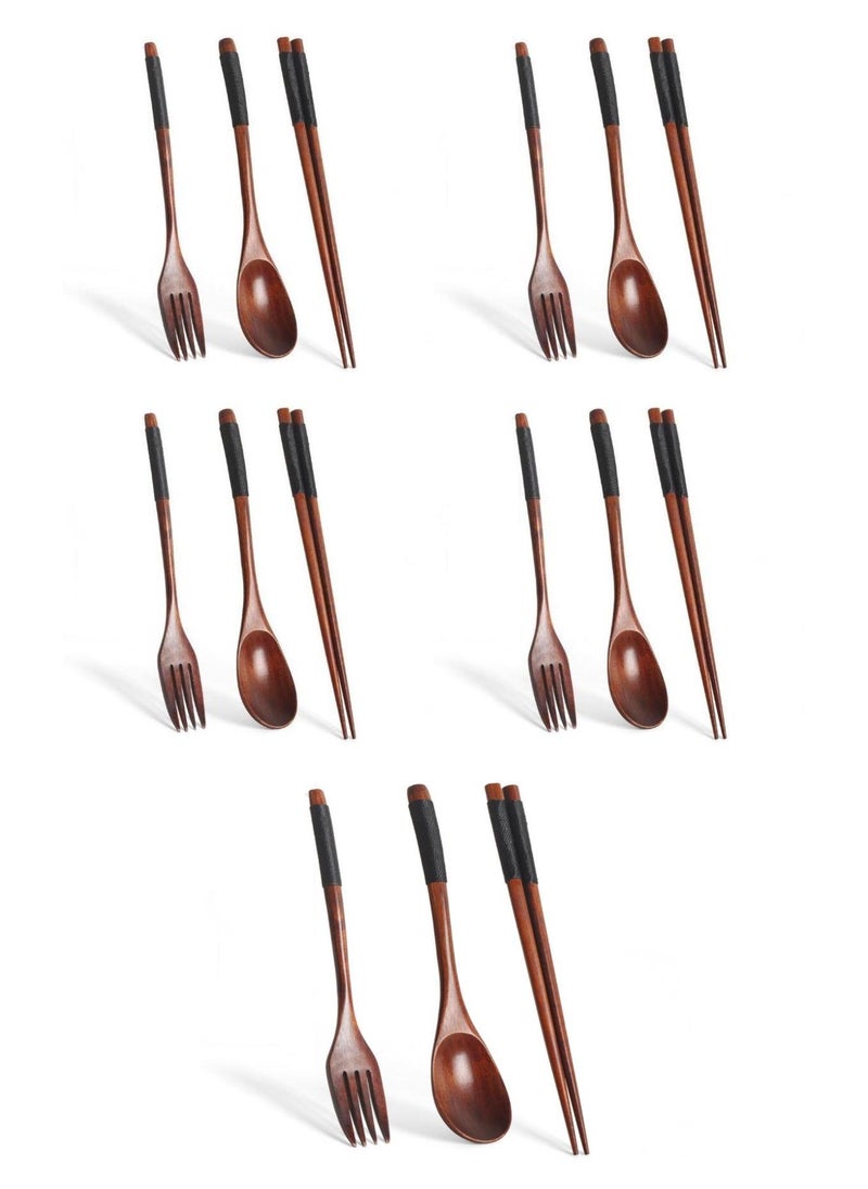 15-Piece Long Handled Solid Wood Adult Portable Tableware Set