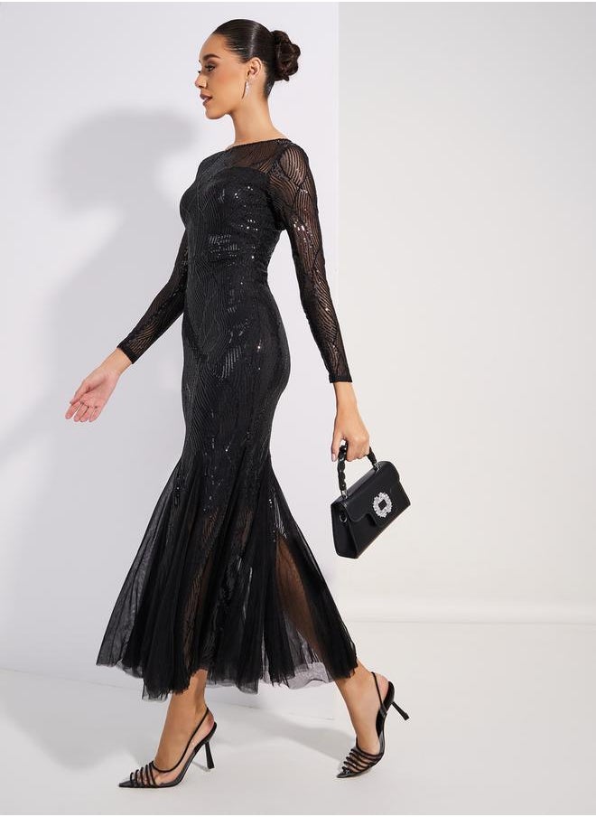 Sequined Mesh Insert Mermaid Fit Maxi Dress