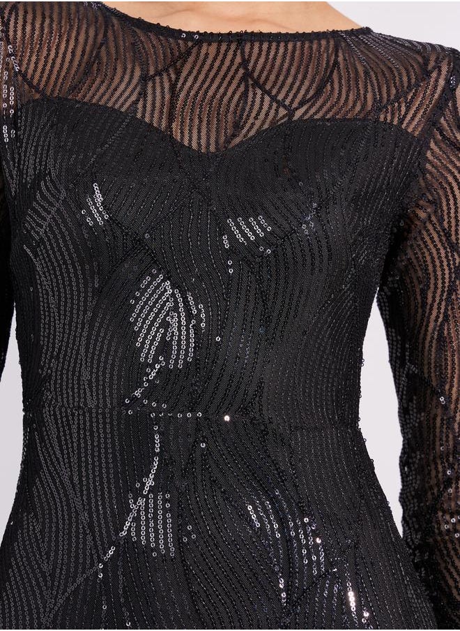 Sequined Mesh Insert Mermaid Fit Maxi Dress