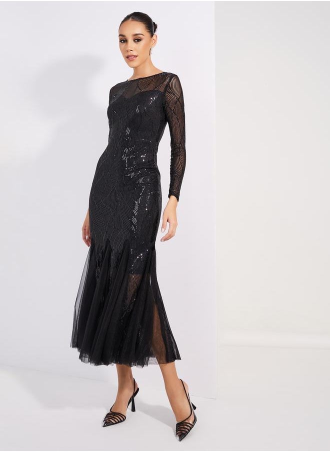Sequined Mesh Insert Mermaid Fit Maxi Dress