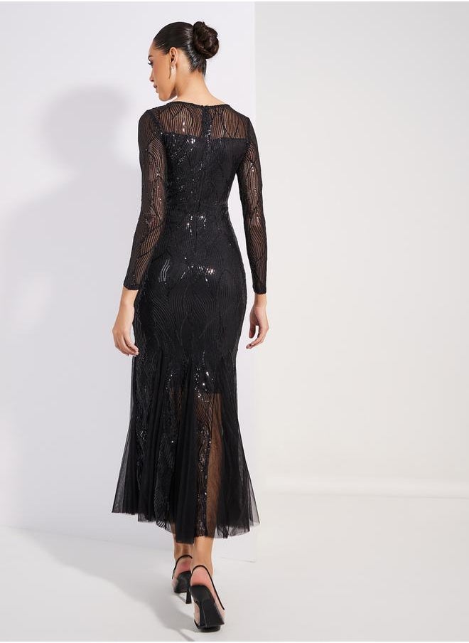 Sequined Mesh Insert Mermaid Fit Maxi Dress