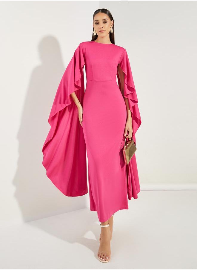 Long Drape Slit Sleeves Mermaid Hem Maxi Dress