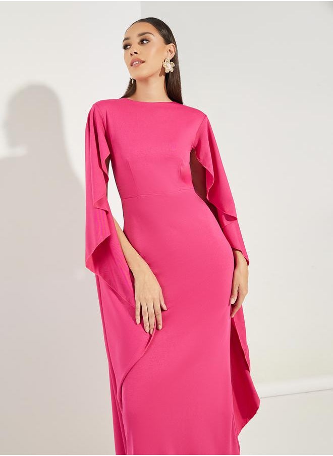 Long Drape Slit Sleeves Mermaid Hem Maxi Dress