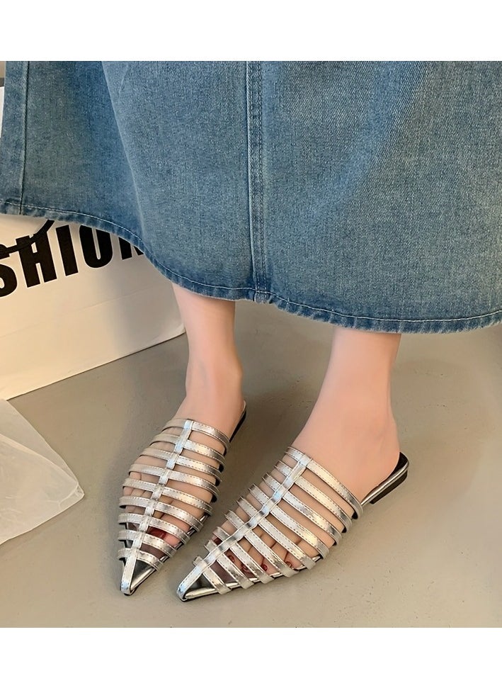 Small High-End Fishbone Pattern Pointed Toe Shallow Mouth Slimming Flat Head Half Slipper Women's Outdoor Wear