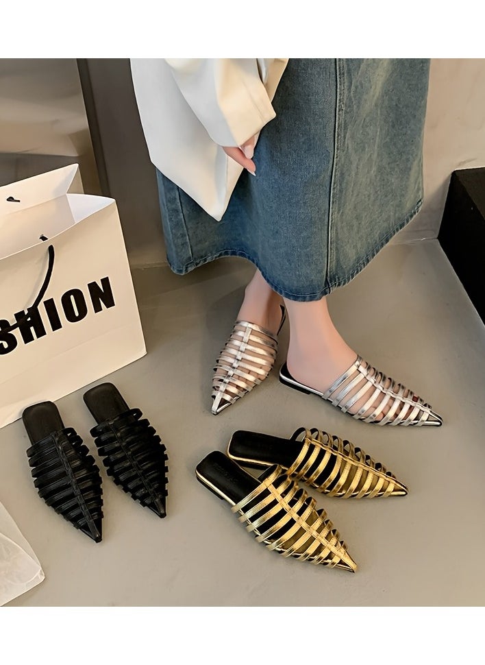 Small High-End Fishbone Pattern Pointed Toe Shallow Mouth Slimming Flat Head Half Slipper Women's Outdoor Wear
