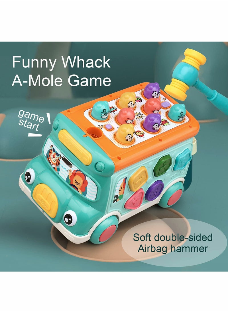 C ute Stone Push Pull Bus Toy, Baby Musical Learning Toys with Sound  Light, Whack a Mole Game, Shape Matching, Gear, Toy Clock, Activity Bus Toy Early Education Gift for Toddler Boys Girls