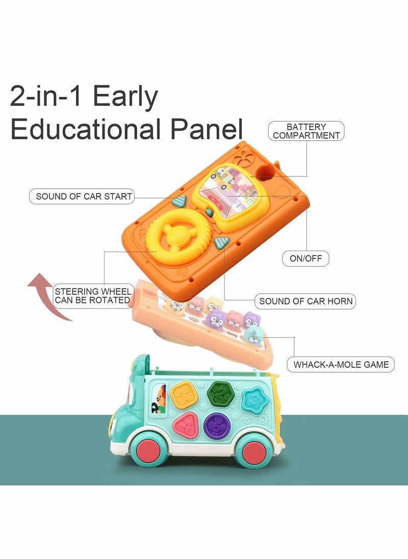 C ute Stone Push Pull Bus Toy, Baby Musical Learning Toys with Sound  Light, Whack a Mole Game, Shape Matching, Gear, Toy Clock, Activity Bus Toy Early Education Gift for Toddler Boys Girls