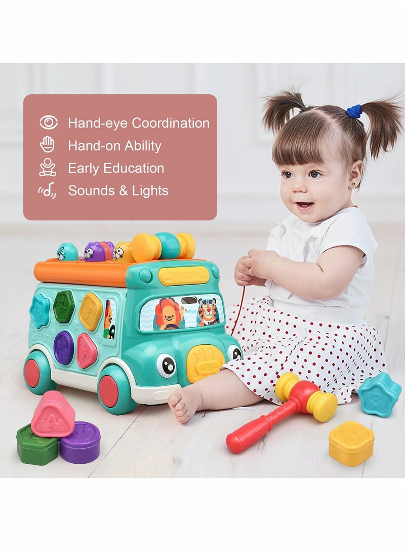 C ute Stone Push Pull Bus Toy, Baby Musical Learning Toys with Sound  Light, Whack a Mole Game, Shape Matching, Gear, Toy Clock, Activity Bus Toy Early Education Gift for Toddler Boys Girls
