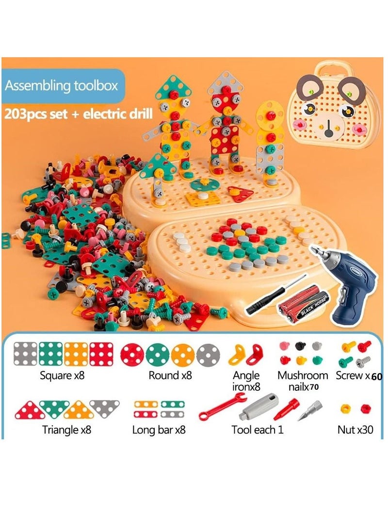 Tool Kit Box for Kids Children Screw and Drill Puzzle Toy set Creative DIY Building Puzzle Toy with Drill & Screw Driver Tool for Toddlers Boys Girls 203PCS (Yellow)