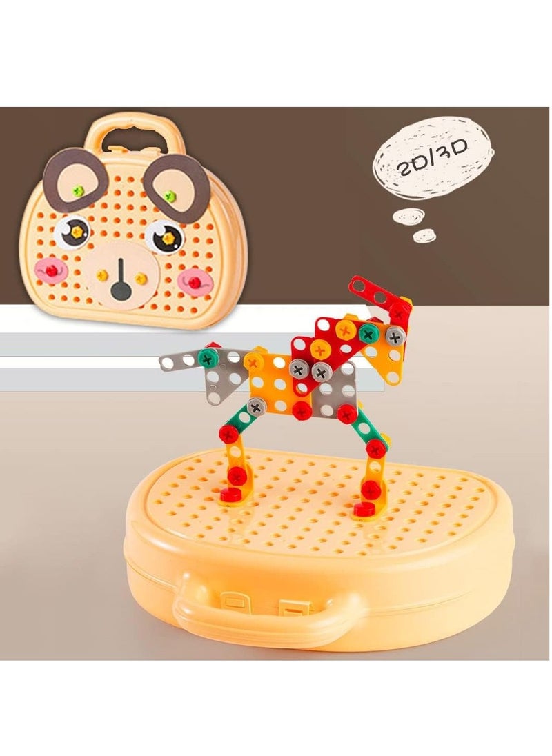 Tool Kit Box for Kids Children Screw and Drill Puzzle Toy set Creative DIY Building Puzzle Toy with Drill & Screw Driver Tool for Toddlers Boys Girls 203PCS (Yellow)