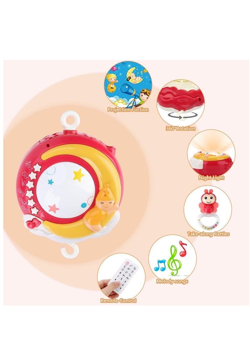 Baby Musical Mobile Crib with Timing Function Projector Lights and Rattle,Remote Control Music Box for Newborn Boy Girl Toddles Sleep