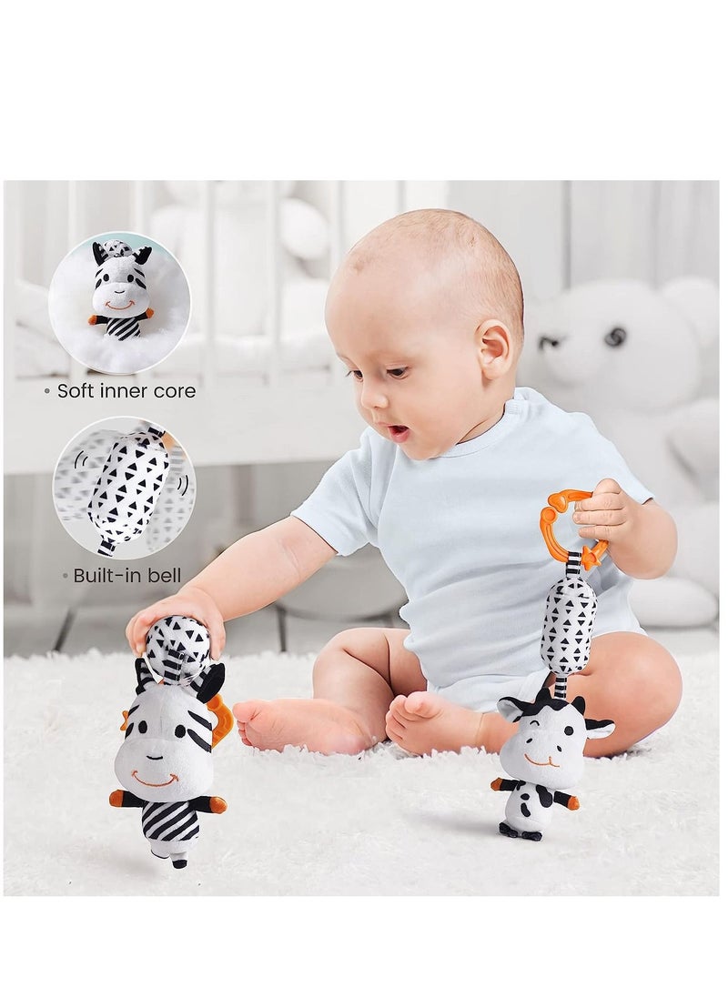 Baby Hanging Toys Gift Set Mirror Black and White Plush Rattles Rings and Crinkle Cloth Book for Pram Car Seat Activity Stroller Hanging Toy for 3 6 9 12 Months Newborn Boys Girls Kids (4 Pcs)