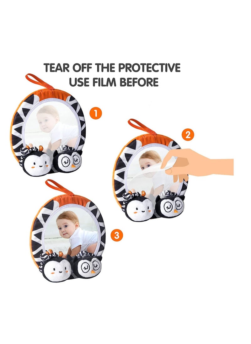 Baby Hanging Toys Gift Set Mirror Black and White Plush Rattles Rings and Crinkle Cloth Book for Pram Car Seat Activity Stroller Hanging Toy for 3 6 9 12 Months Newborn Boys Girls Kids (4 Pcs)