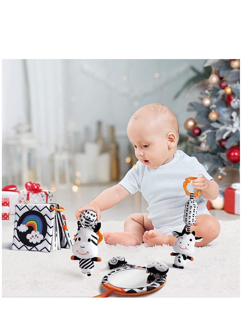 Baby Hanging Toys Gift Set Mirror Black and White Plush Rattles Rings and Crinkle Cloth Book for Pram Car Seat Activity Stroller Hanging Toy for 3 6 9 12 Months Newborn Boys Girls Kids (4 Pcs)