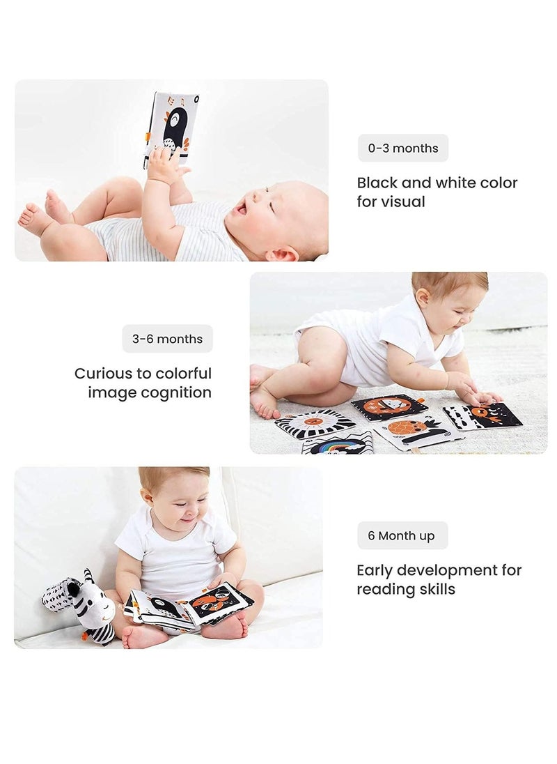 Baby Hanging Toys Gift Set Mirror Black and White Plush Rattles Rings and Crinkle Cloth Book for Pram Car Seat Activity Stroller Hanging Toy for 3 6 9 12 Months Newborn Boys Girls Kids (4 Pcs)