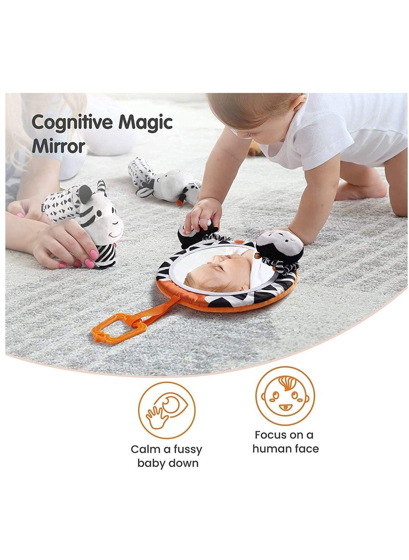 Baby Hanging Toys Gift Set Mirror Black and White Plush Rattles Rings and Crinkle Cloth Book for Pram Car Seat Activity Stroller Hanging Toy for 3 6 9 12 Months Newborn Boys Girls Kids (4 Pcs)