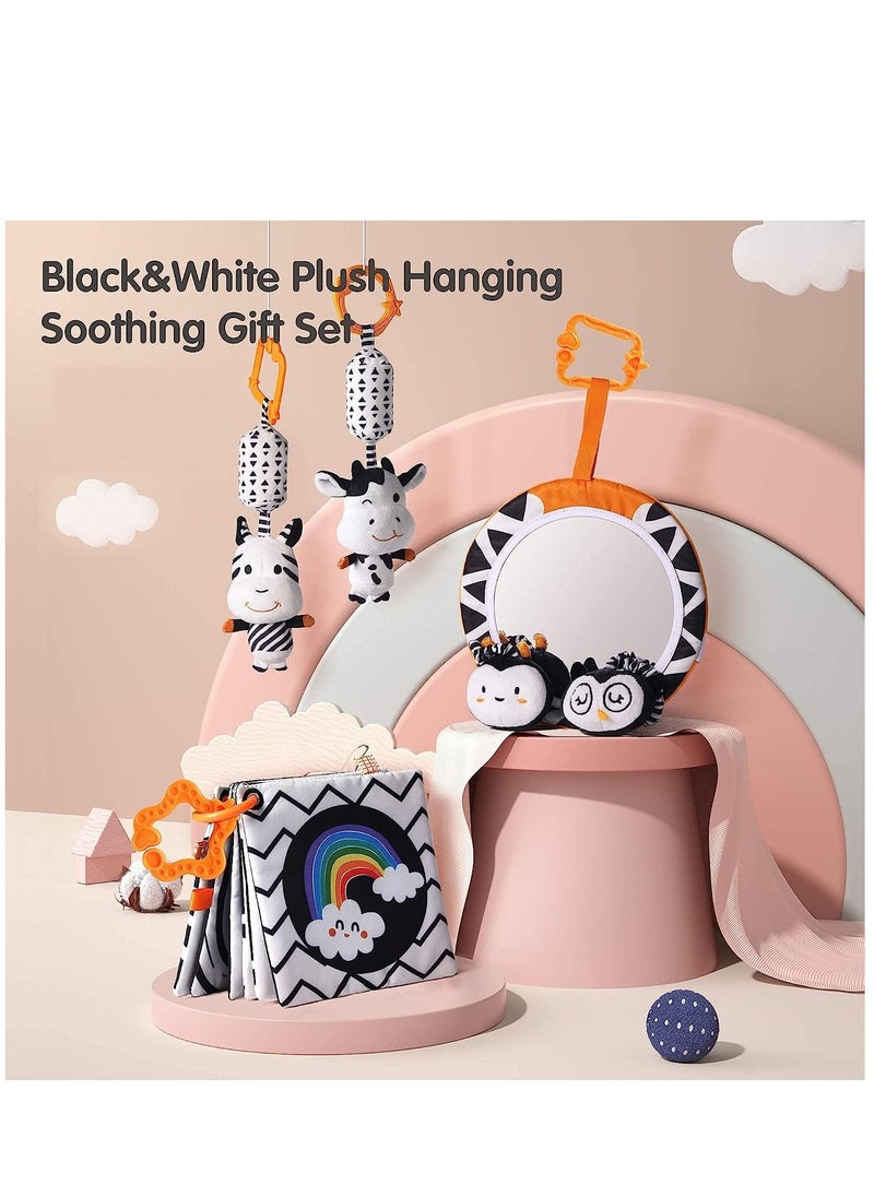 Baby Hanging Toys Gift Set Mirror Black and White Plush Rattles Rings and Crinkle Cloth Book for Pram Car Seat Activity Stroller Hanging Toy for 3 6 9 12 Months Newborn Boys Girls Kids (4 Pcs)