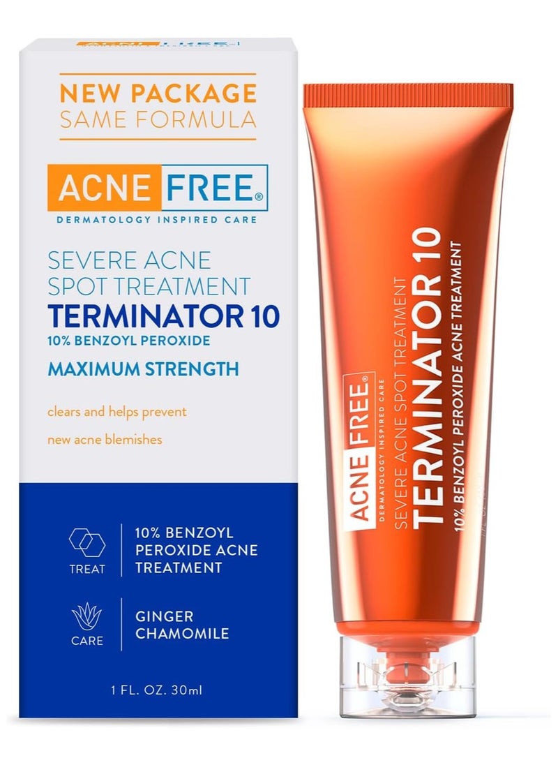 AcneFree Terminator 10 Acne Spot Treatment with Benzoyl Peroxide 10% Maximum Strength Acne Cream Treatment 30ml