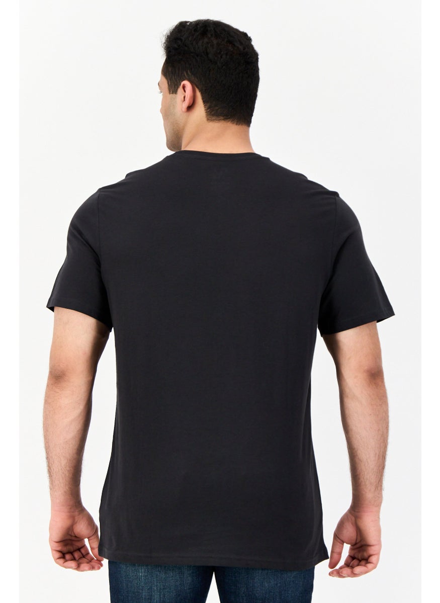 Men Round Neck Short Sleeves Graphic Print T-shirt, Black