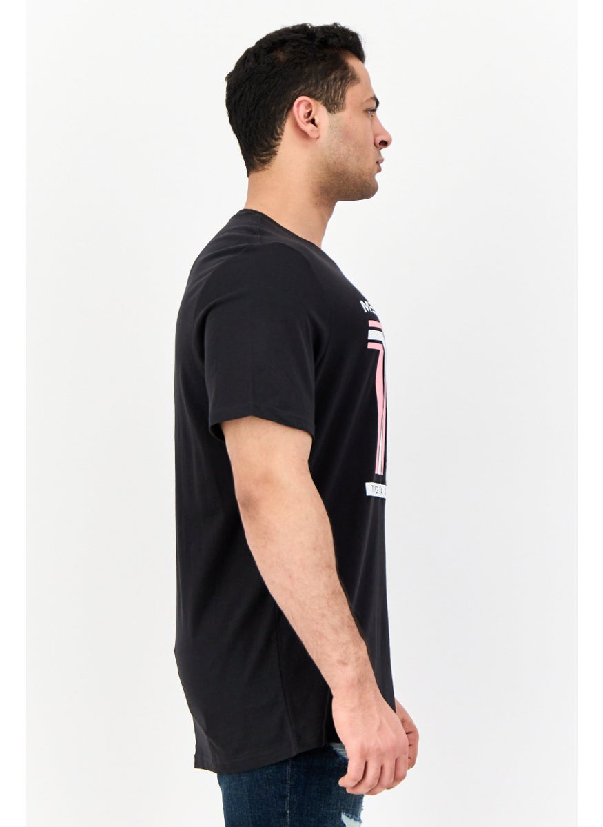 Men Round Neck Short Sleeves Graphic Print T-shirt, Black