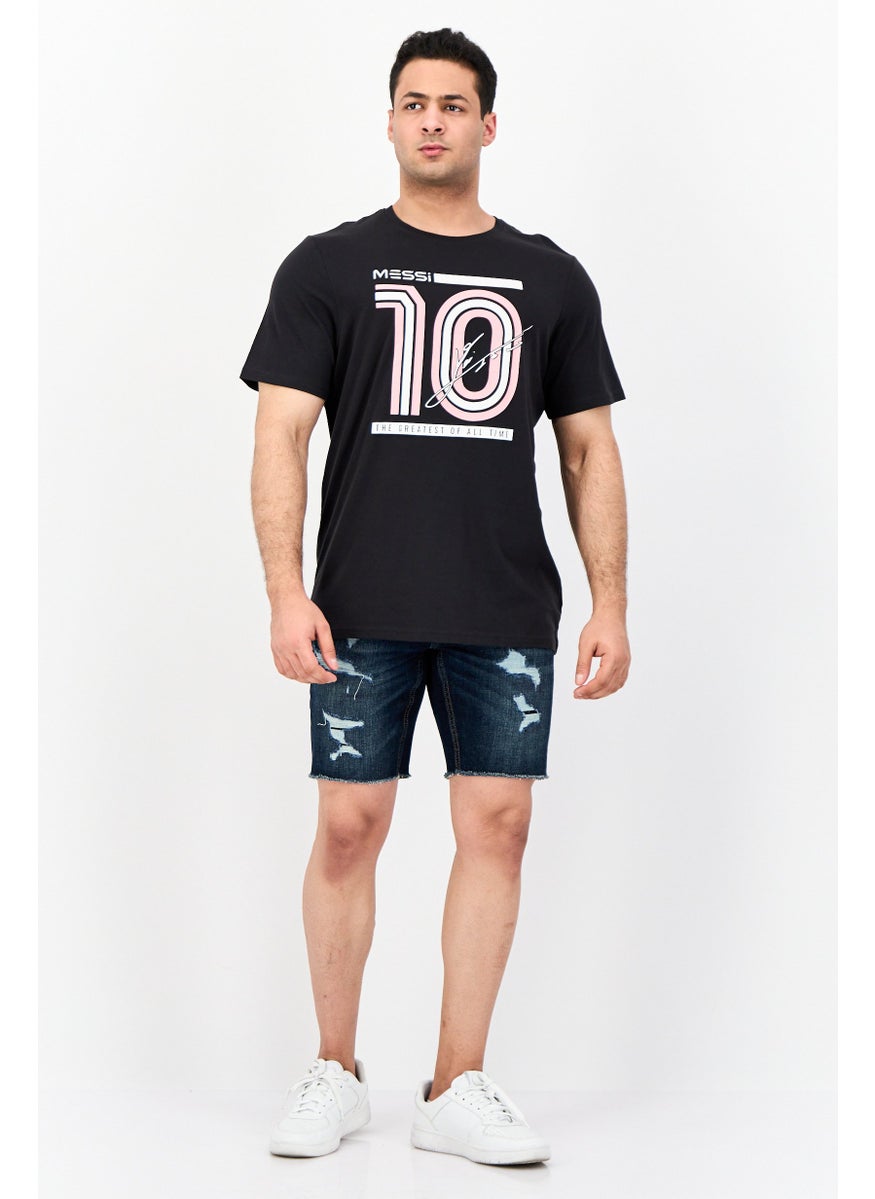 Men Round Neck Short Sleeves Graphic Print T-shirt, Black