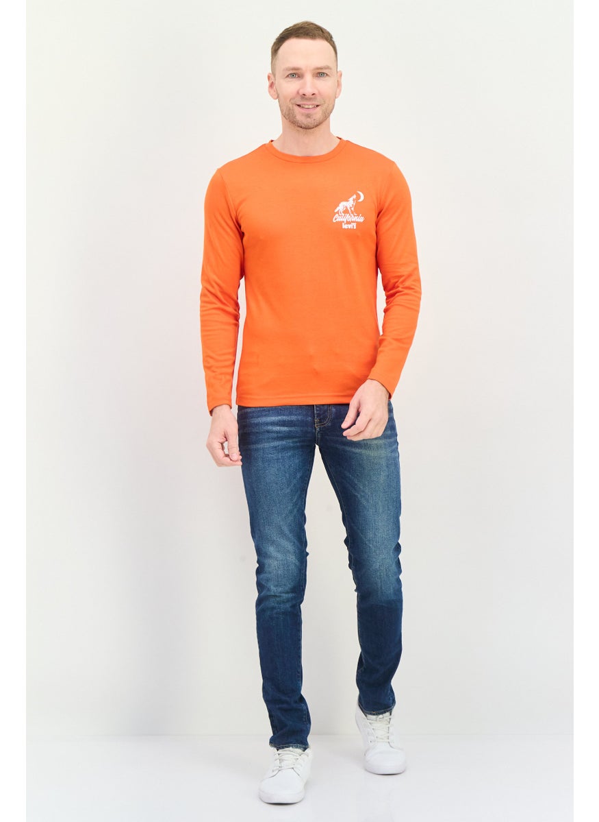 Men Crew Neck Long Sleeves Graphic Print T-Shirt, Orange