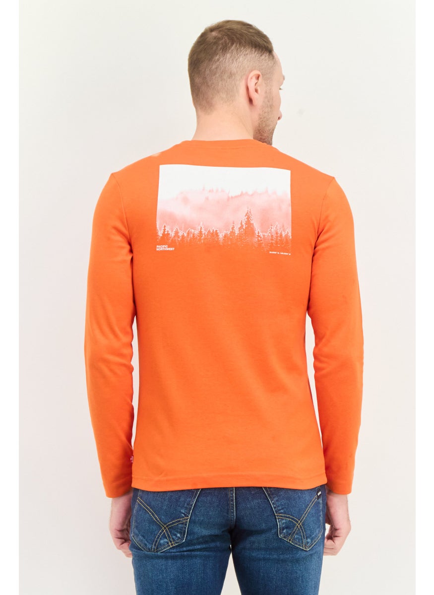 Men Crew Neck Long Sleeves Graphic Print T-Shirt, Orange