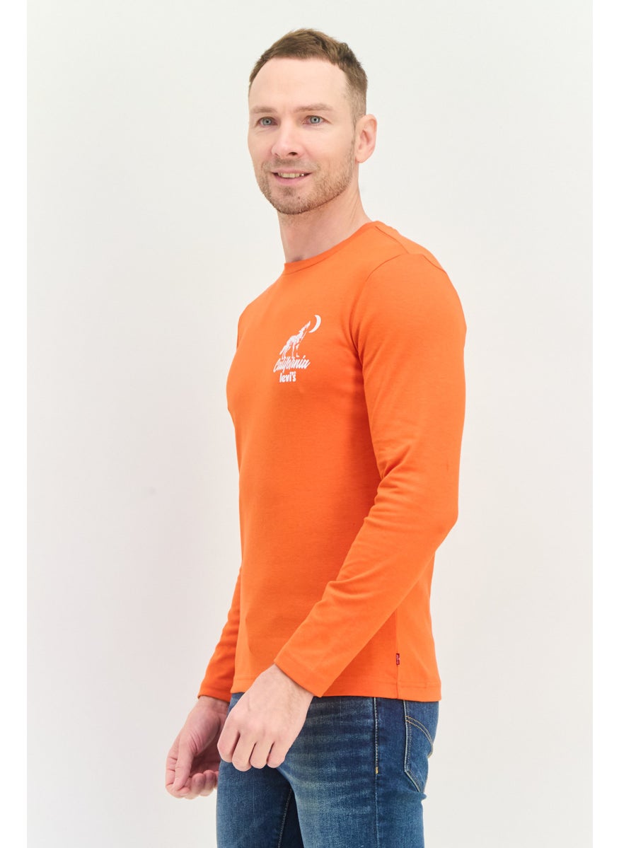 Men Crew Neck Long Sleeves Graphic Print T-Shirt, Orange
