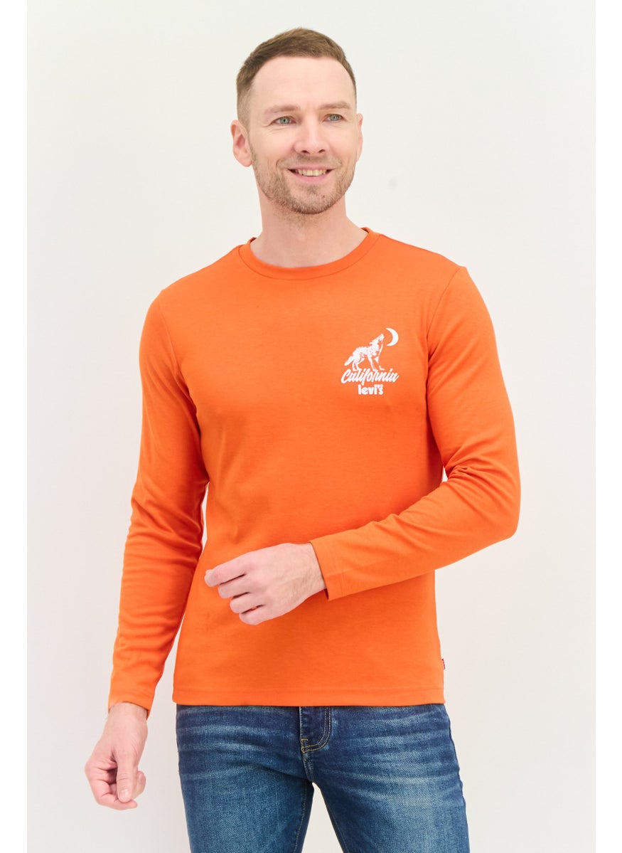 Men Crew Neck Long Sleeves Graphic Print T-Shirt, Orange