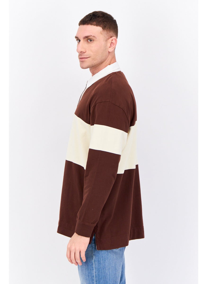 Men Regular Fit Two Tone Long Sleeve Polo, Brown
