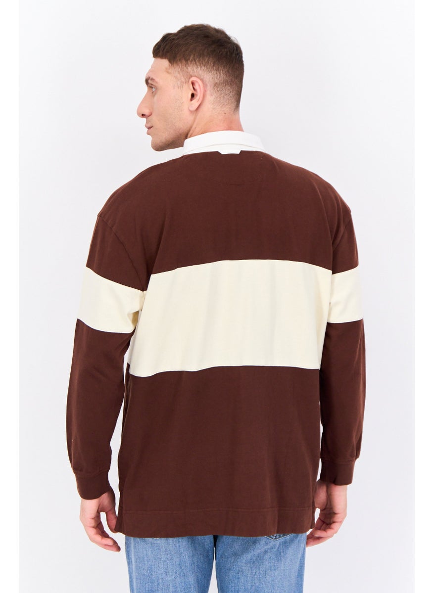 Men Regular Fit Two Tone Long Sleeve Polo, Brown