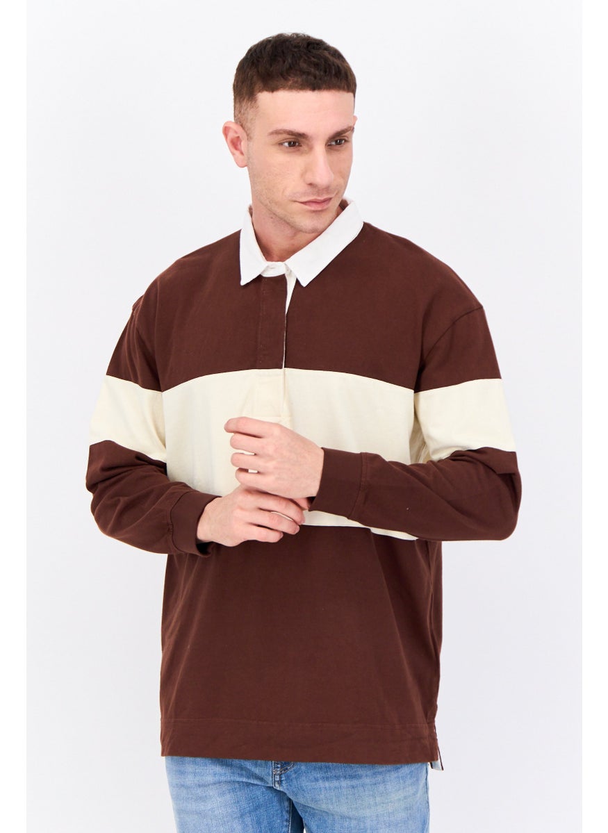 Men Regular Fit Two Tone Long Sleeve Polo, Brown