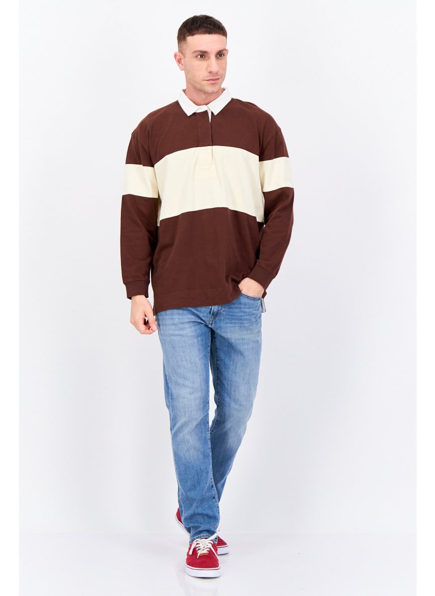 Men Regular Fit Two Tone Long Sleeve Polo, Brown