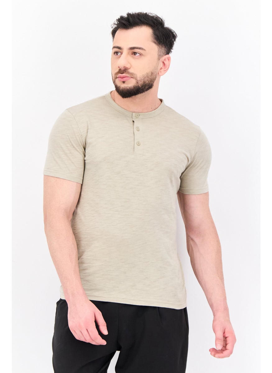 Men Crew Neck Short Sleeves Heather T-Shirt, Beige