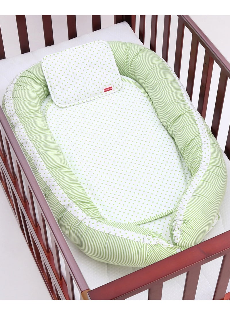Babyhug Cotton Baby Nest Green Bedding Set, Polka Dots, 3pc - Cozy & Soft for 0-24M, 90x60cm