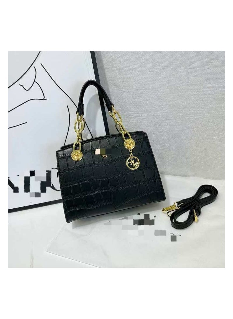Black Crocodile-Texture Handbag with Gold Chain Accents