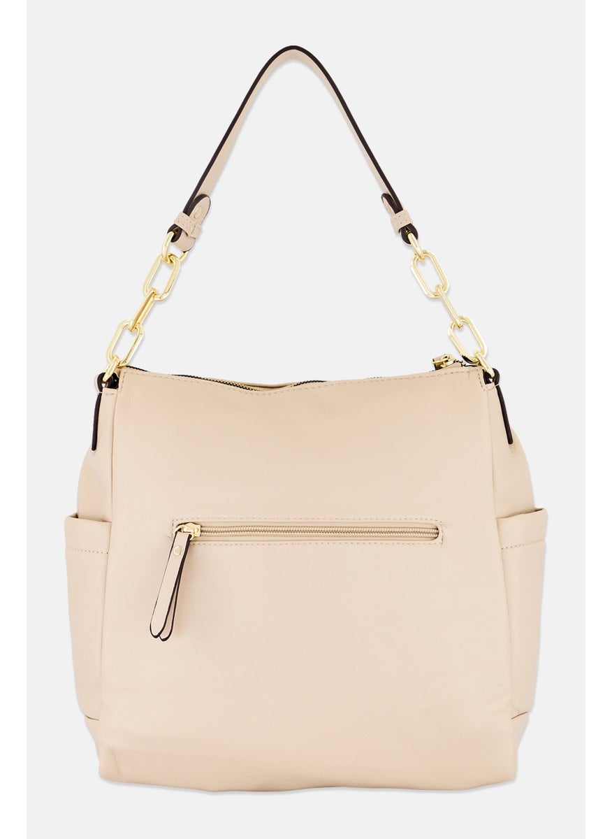 Women Hardware Logo Shoulder Bag 29 H x 27 L x 13 W cm, Beige