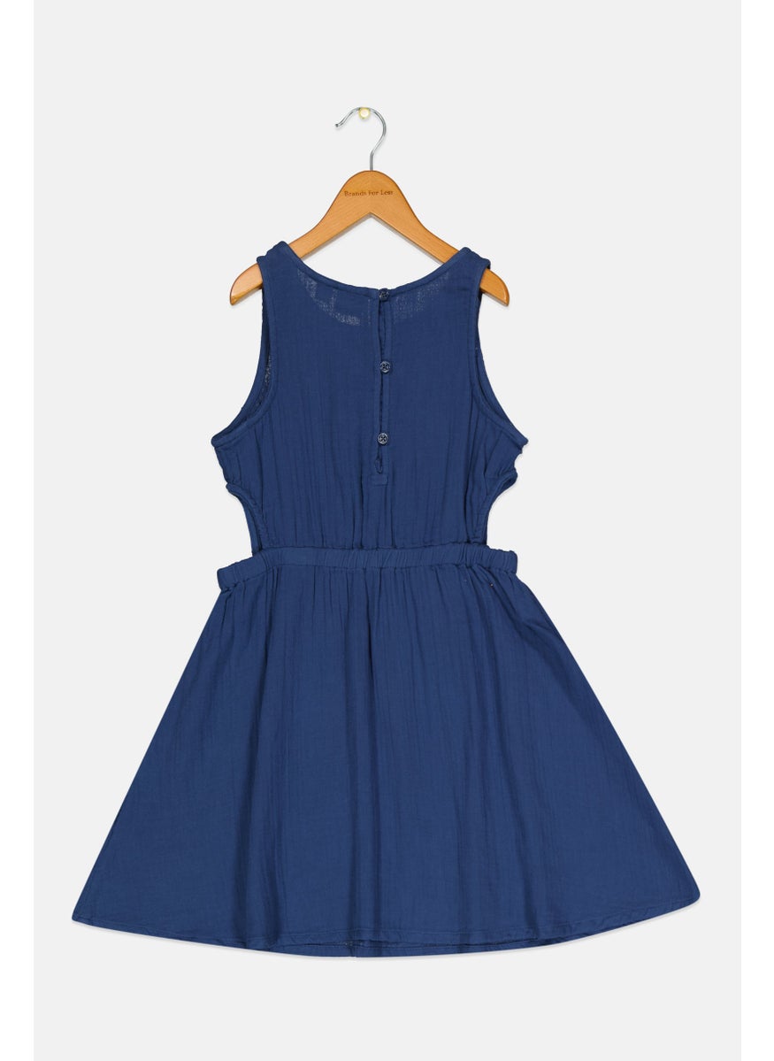 Kids Girl Round neck Textured Dress, Slate Blue