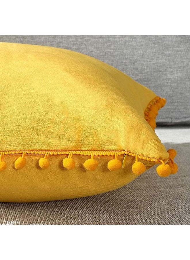 2 Pack Pillow Covers 18x18 Decorative Boho Throw Pillow Covers Smooth Soft Velvet Pompom Cushion Covers for Living Room Bedroom