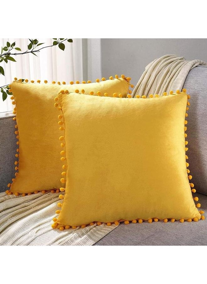 2 Pack Pillow Covers 18x18 Decorative Boho Throw Pillow Covers Smooth Soft Velvet Pompom Cushion Covers for Living Room Bedroom
