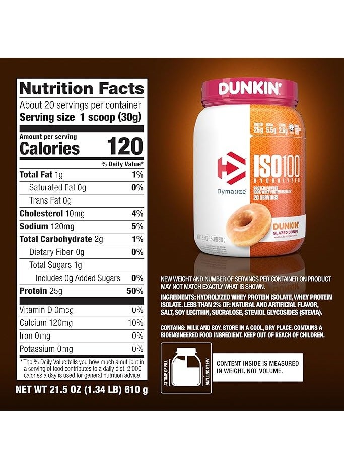 ISO100 Hydrolyzed Protein Powder 100% Whey Isolate Dunkin Glazed Donut Flavor 20 Servings