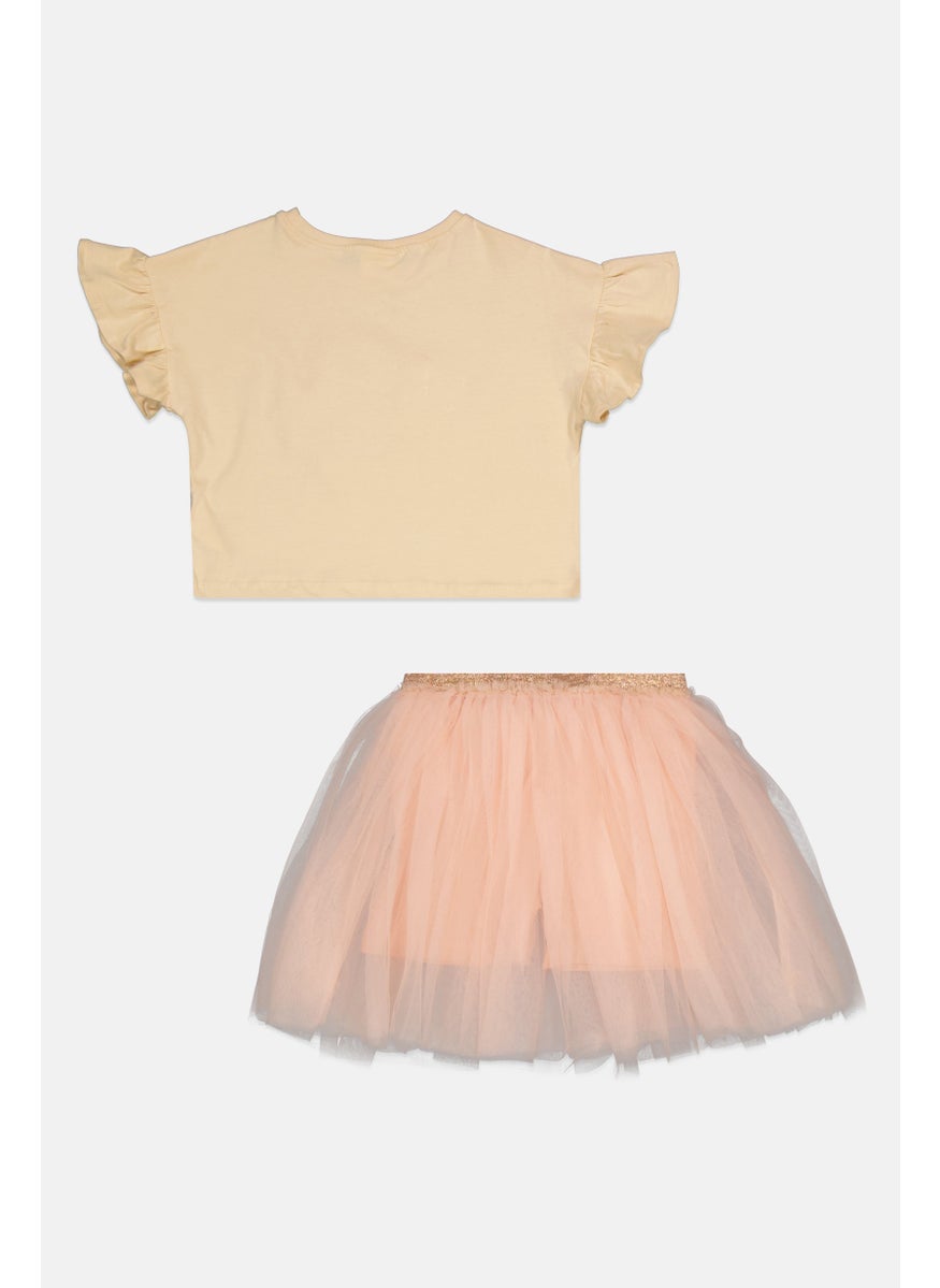 Kids Girl 2 Piece Textured Top And Skirt, Cream/Pink