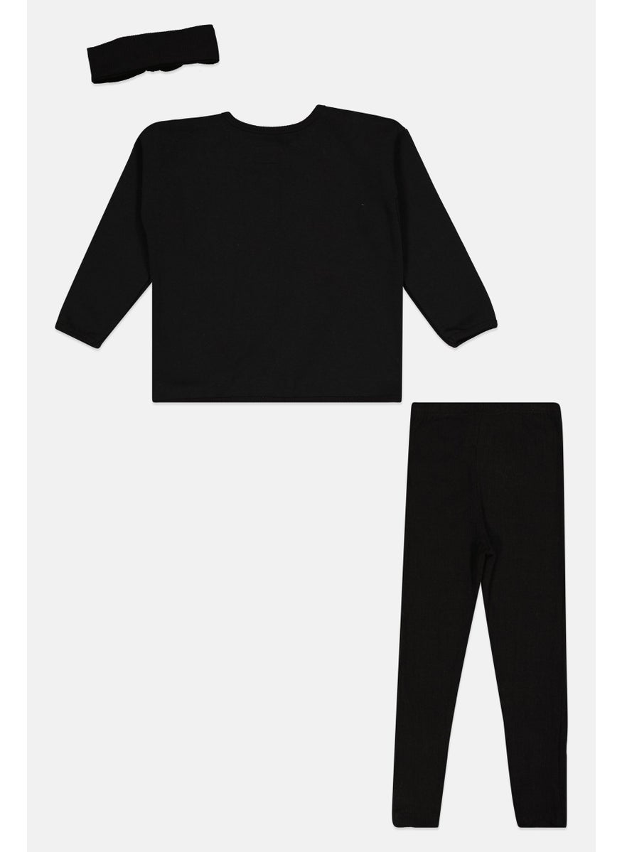 Kids Girl 3 Pcs Brand Logo Sweatshirts, Leggings And Head Band Sets, Black